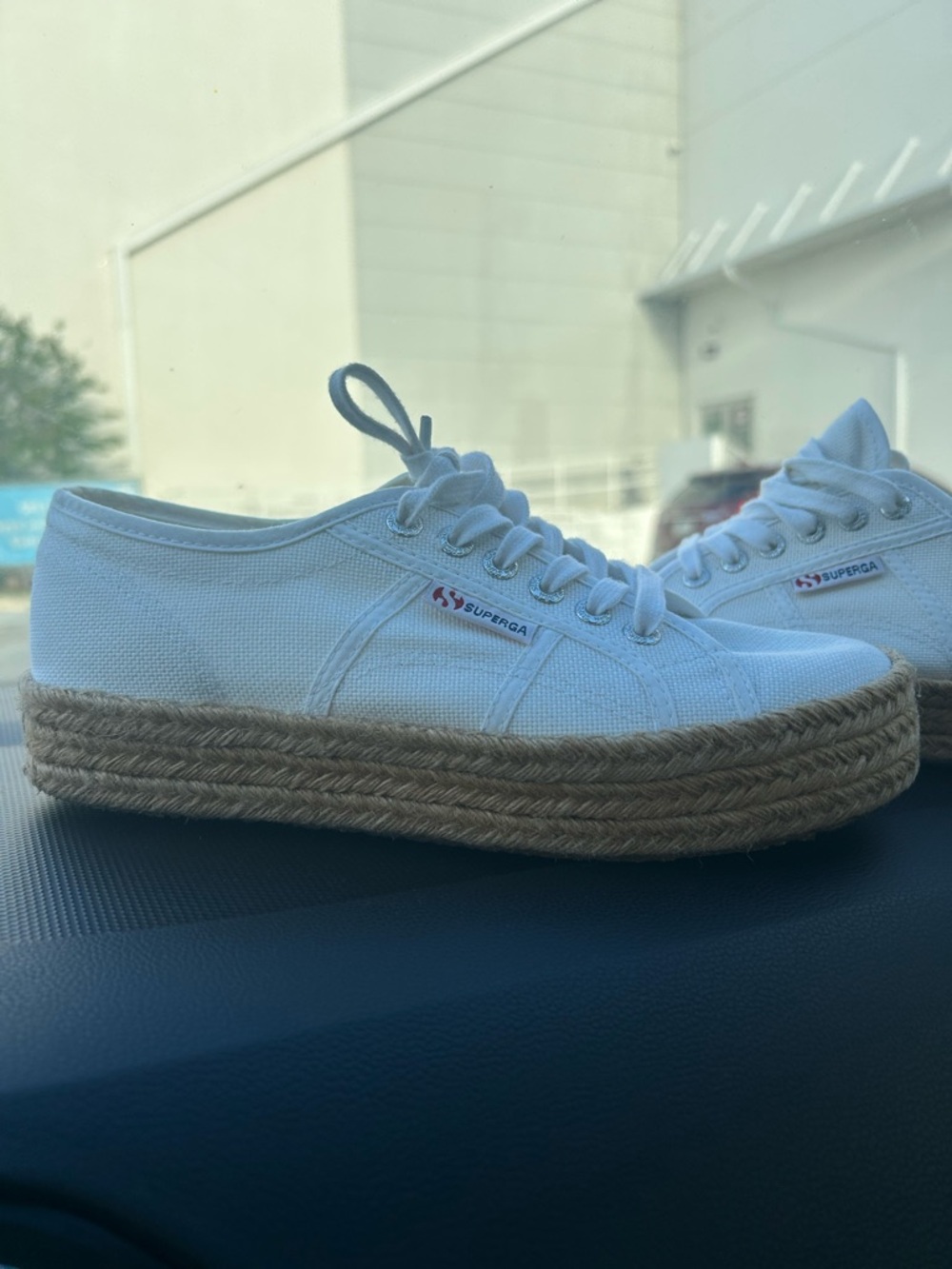 Superga White Canvas Espadrille Platform Sneakers with Jute Sole